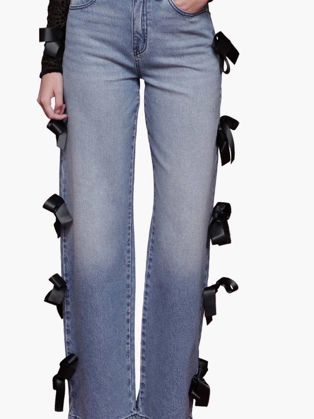 Avec Les Filles Light Blue Wide-Leg Jeans with Black Side Bows